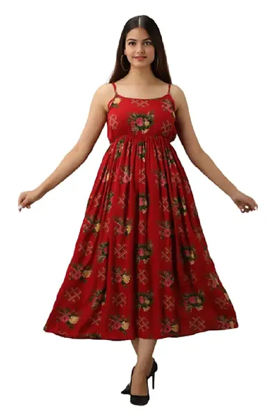 Women Rayon Long Printed Sleeveless Gown || Rayon Long Printed Sleeveless Gown for Women & Girls (Red-M)