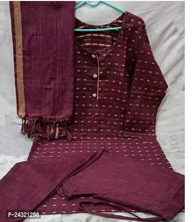 Stylish Maroon Cotton Kurta, Bottom and Dupatta Set For Women-thumb0