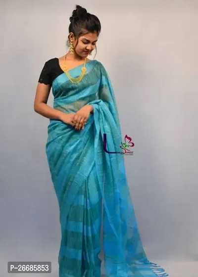 Beautiful Green Cotton Saree With Blouse Piece For Women