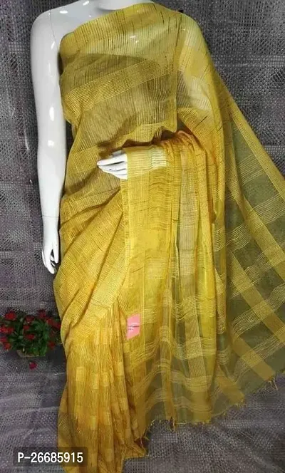 Beautiful Yellow Cotton Saree With Blouse Piece For Women