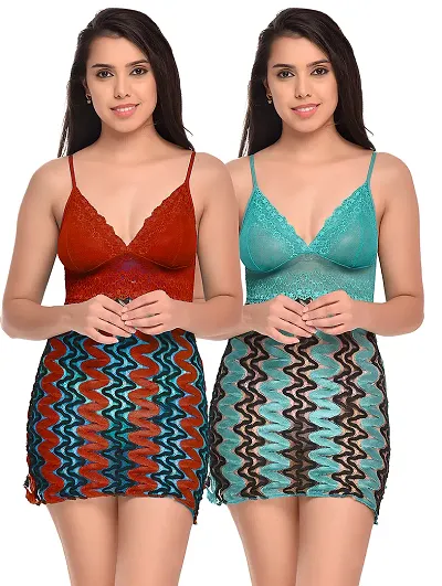 Pack Of 2 Stylish Printed Net Baby Doll Sexy Night Dress For Women