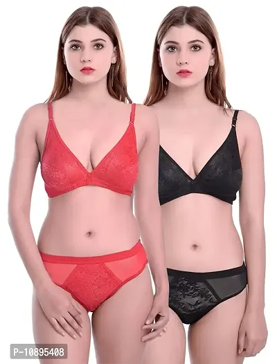 Beach Curve-Women's Cotton Bra Panty Set for Women Lingerie Set Sexy Honeymoon Undergarments (Color : Red,Black)(Pack of 2)(Size :34) Model No : Safal &et-thumb0