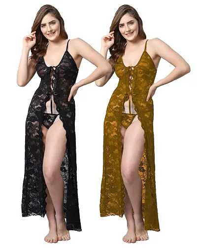 Pack Of 2 Stylish Net Baby Doll Long Sexy Night Dress For Women
