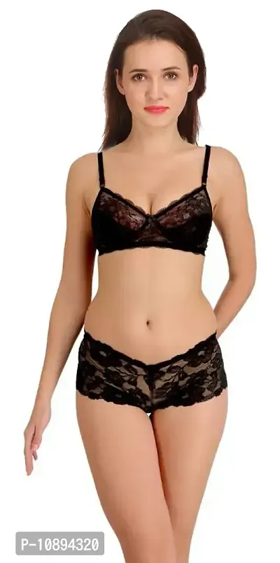 Arousy Women's Fashions Non Padded Non Wired Net Lace Honeymoon Sexy Bra and Panty Set (Black, 30)