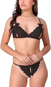 Beach Curve-Women's Net Bikni Bra Panty Set for Women Lingerie Set Sexy Honeymoon Undergarments (Color : Black)(Pack of 1)(Size :30) Model No : SK01-thumb1