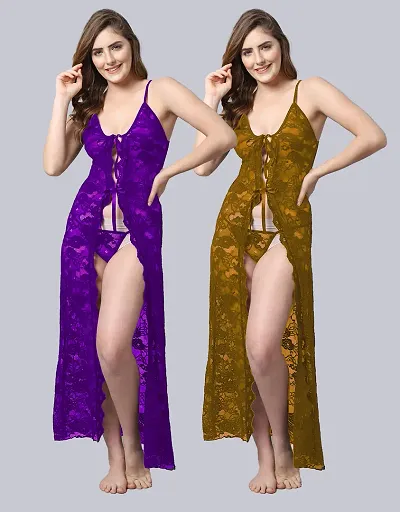 Pack Of 2 Stylish Net Baby Doll Long Sexy Night Dress For Women