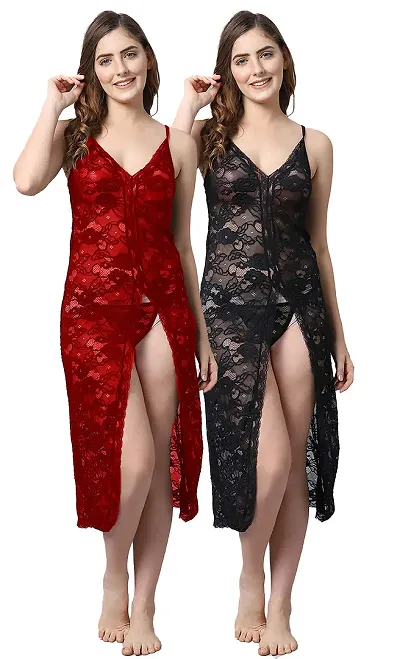 Stylish Fancy Designer Net Baby Doll Night Dress For Women Pack Of 2-thumb0