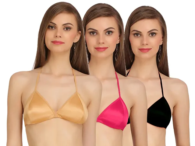 Arousy Girl's Seamed Back Bra Wirefree Bra Non Padded Medium Coverage Bra for Women Satin Sexy Bra Beach Wear & Swim Wear Bra Pack of 3