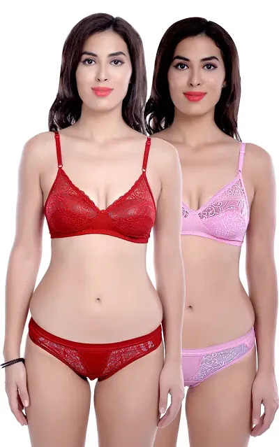 Trendy Lace Work Matching Bra Panty Set Combo