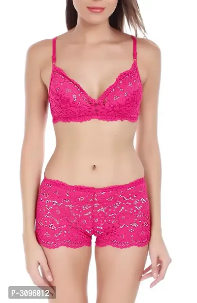 Stylish Pink Lace Bra  Panty Set-thumb0