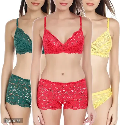 Stylish Multicoloured Lace Bra  Panty Set - Pack Of 3