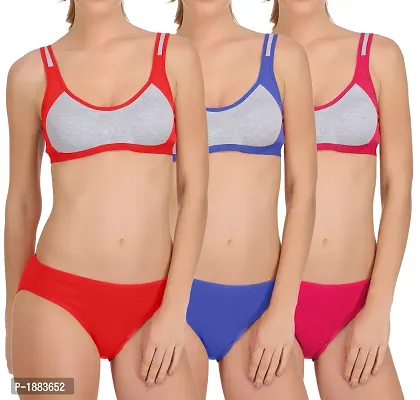 Red-Pink-Blue Bra  Panty Set Pack of 3