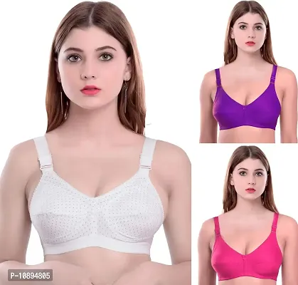 Arousy Women Cotton Non Padded Non-Wired Bra (Pack of 3) (Color : White,Purple,Pink) (Size : 32)