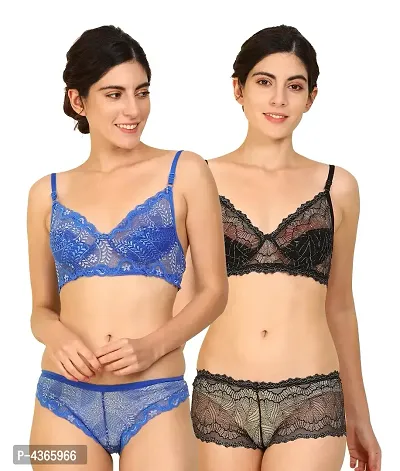 Buy Comfortable Net Floral Print Bra Panty Set for Lingerie Set ( Pack Of 2  ) Online In India At Discounted Prices