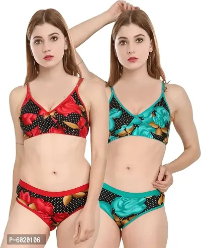 Elegant Cotton Printed Bra with Panty Set For Women(Pack Of 2, Red, Blue)