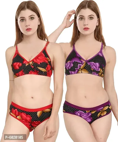Elegant Cotton Printed Bra with Panty Set For Women(Pack Of 2,  Red, Purple)-thumb0