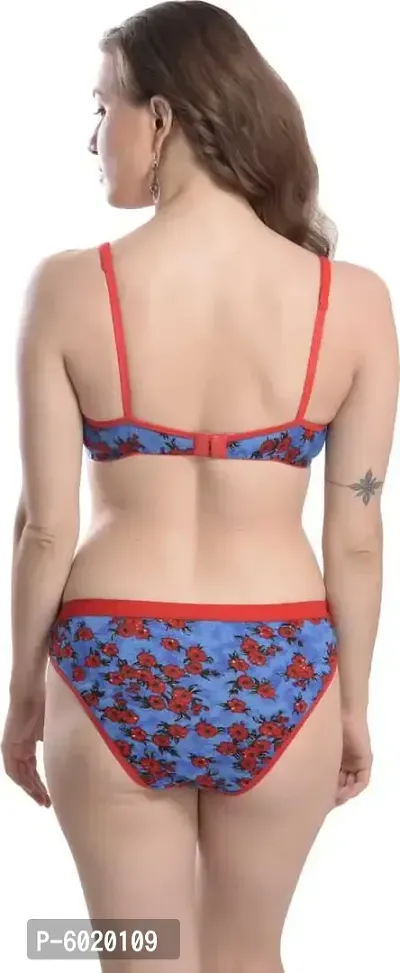 Elegant Blue Cotton Printed Bra with Panty Set For Women-thumb4