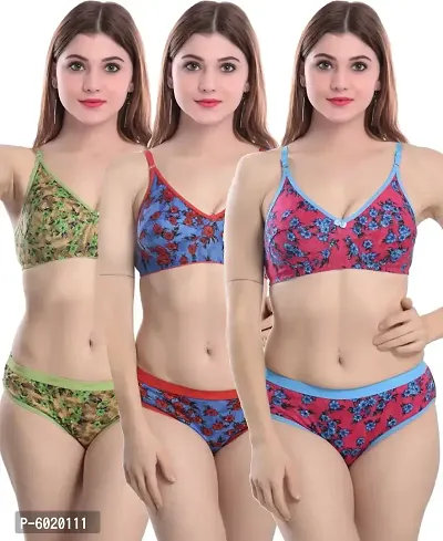 Elegant Cotton Printed Bra with Panty Set For Women(Pack Of 3, Red, Blue, Green)-thumb0