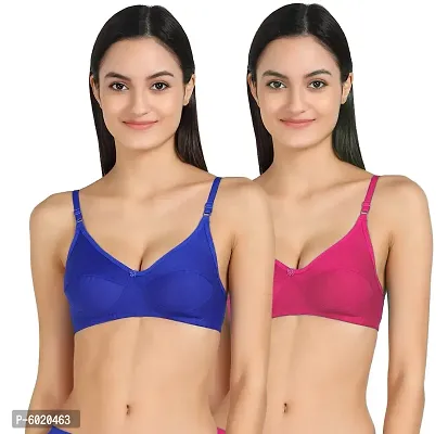 Women Cotton Non Padded Non-Wired Bra (Pack Of 2) (Color : Blue, Pink)-thumb0