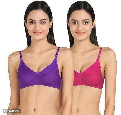 Women Cotton Non Padded Non-Wired Bra (Pack Of 2) (Color : Purple, Pink)-thumb0