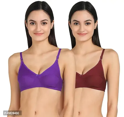 Women Cotton Non Padded Non-Wired Bra (Pack Of 2) (Color : Purple, Maroon)