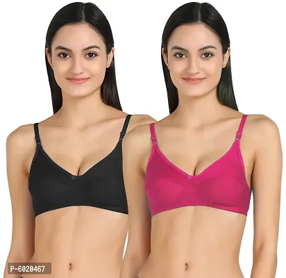 Women Cotton Non Padded Non-Wired Bra (Pack Of 2) (Color : Black, Pink)
