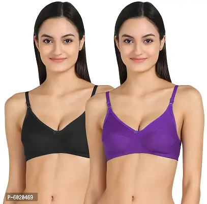 Women Cotton Non Padded Non-Wired Bra (Pack Of 2) (Color : Black, Purple)-thumb0