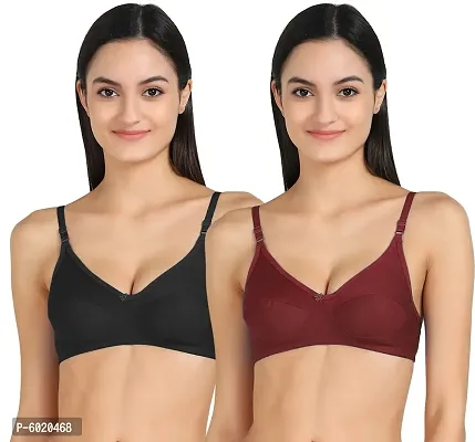 Women Cotton Non Padded Non-Wired Bra (Pack Of 2) (Color : Black, Maroon)