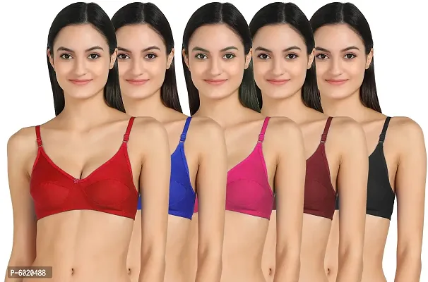 Women Cotton Non Padded Non-Wired Bra (Pack Of 5) (Color : Red,Blue,Pink,Maroon,Black)
