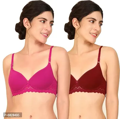 Women Cotton Non Padded Non-Wired Bra (Pack Of 2) (Color : Pink, Maroon)