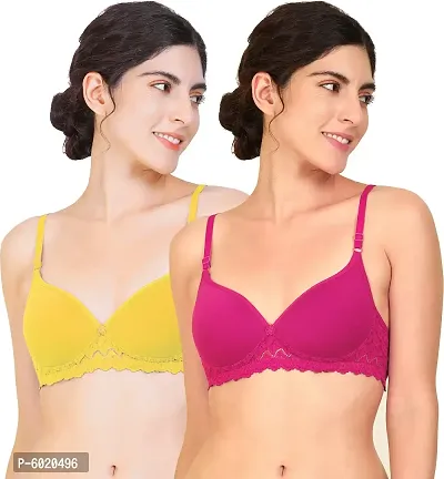 Women Cotton Non Padded Non-Wired Bra (Pack Of 2) (Color : Yellow, Pink)-thumb0
