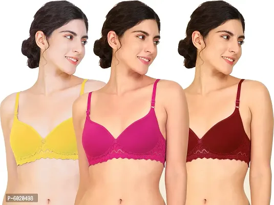 Women Cotton Non Padded Non-Wired Bra (Pack Of 3) (Color : Maroon,Pink,Yellow)
