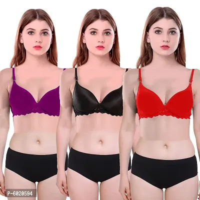 Women Cotton Non Padded Non-Wired Bra (Pack Of 3) (Color : Purple,Black,Red)