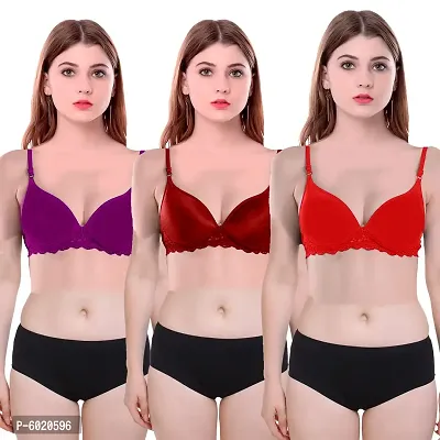 Women Cotton Non Padded Non-Wired Bra (Pack Of 3) (Color : Purple,Maroon,Red)