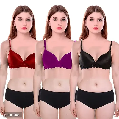 Women Cotton Non Padded Non-Wired Bra (Pack Of 3) (Color : Maroon,Purple,Black)-thumb0