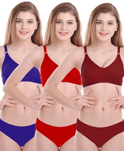 Stylish Cotton Self Pattern Lingerie Set For Women- Pack Of 3