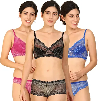 Lacy Solid Matching Bra Panty Set/Lingerie Set - Set Of 3