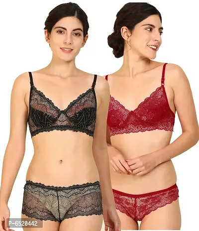 Stylish Cotton Self Pattern Lingerie Set For Women- Pack Of 2