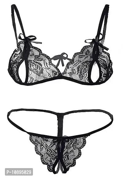 Arousy-Net Bra Panty Set Lingerie Set Full Coverage Non-Padded Non-Wired Honeymoon Set(Pack of 2)(Color -Pink,Black) Model No:123-thumb5