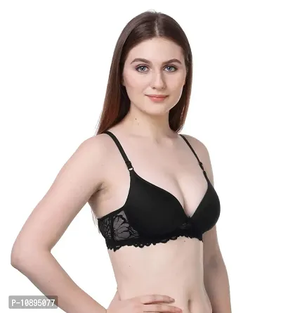 Arousy Women Padded Lace Cotton Non Wired Full Coverage T-Shirt Bra|Shaper Bra|Push up Teenage Bra|Regular Use Bra|Comfortable Bra|Free Bra Hook Extender| (Pack of 1) (Color : Black) (Size : 34)-thumb3