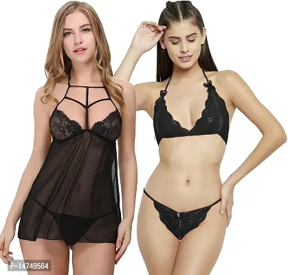 Buy Net Lace Self-Design Baby Doll Set For Women Pack of 2 Online