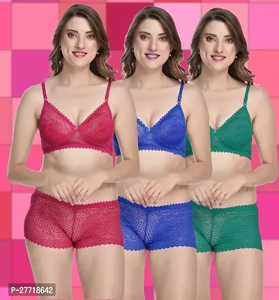 Women Cotton Bra Panty Set for Lingerie Set Pack of 3  Color : Pink,Blue,Green