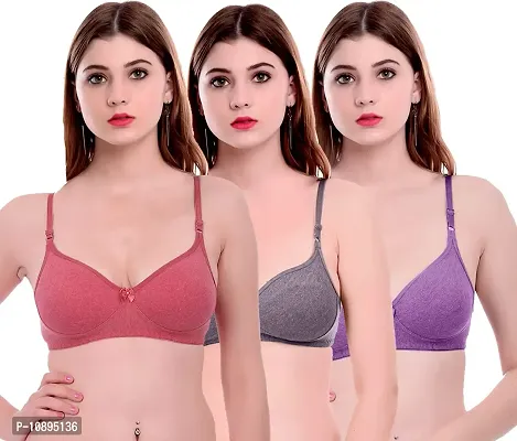 Arousy Fashion Comfortz Women Cotton Non Padded Non-Wired Bra (Pack of 3) (Color : Grey,Red,Purple) (Size : 36)