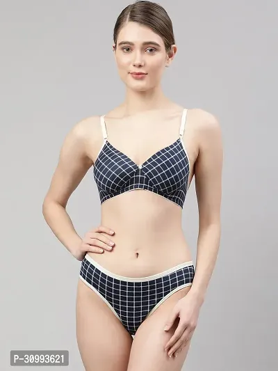 Stylish Cotton Checked Bra And Panty Set For Women-thumb0