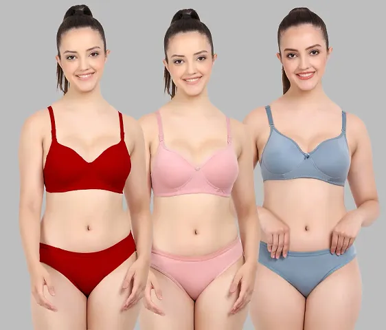 Elegant Self Pattern Bras And Panty Set For Women- Pack Of 3