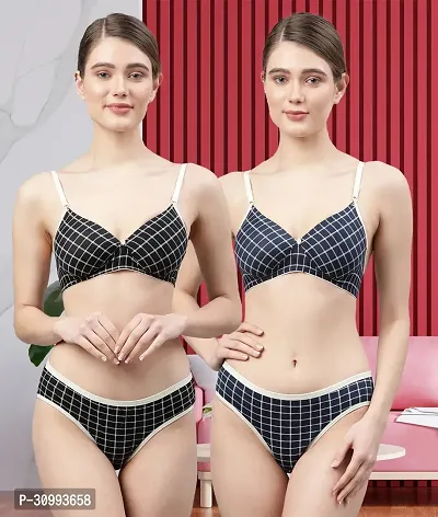 Stylish Cotton Checked Bra And Panty Set For Women Pack Of 2