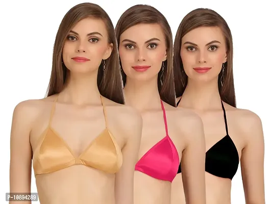 Arousy Girl's Seamed Transparent Back Bra Wirefree Bra Non Padded Medium Coverage Bra for Women Satin Sexy Bra Beach Wear & Swim Wear Bra Pack of 3