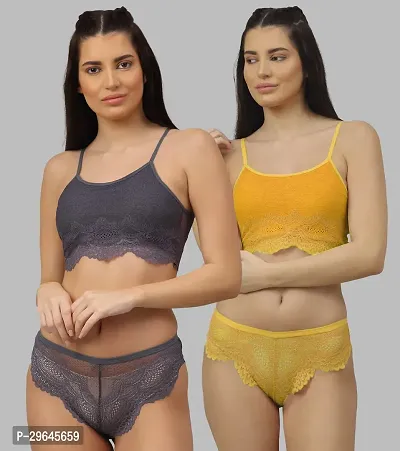 Women Net Bra Panty Set for Lingerie Set ( Pack of 2 ) ( Color : Grey,Yellow )-thumb0