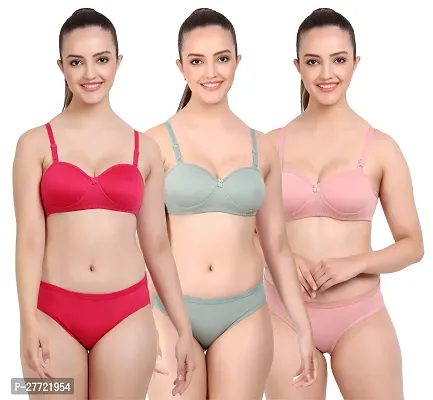 Women Cotton Bra Panty Set for Lingerie Set Pack of 3  Color : Red,Green,Pink-thumb0