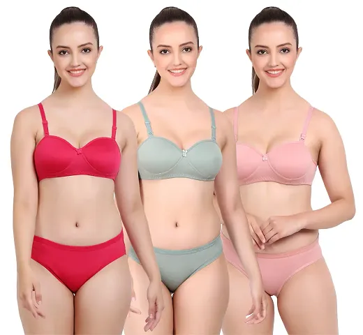 Elegant Self Pattern Bras And Panty Set For Women- Pack Of 3